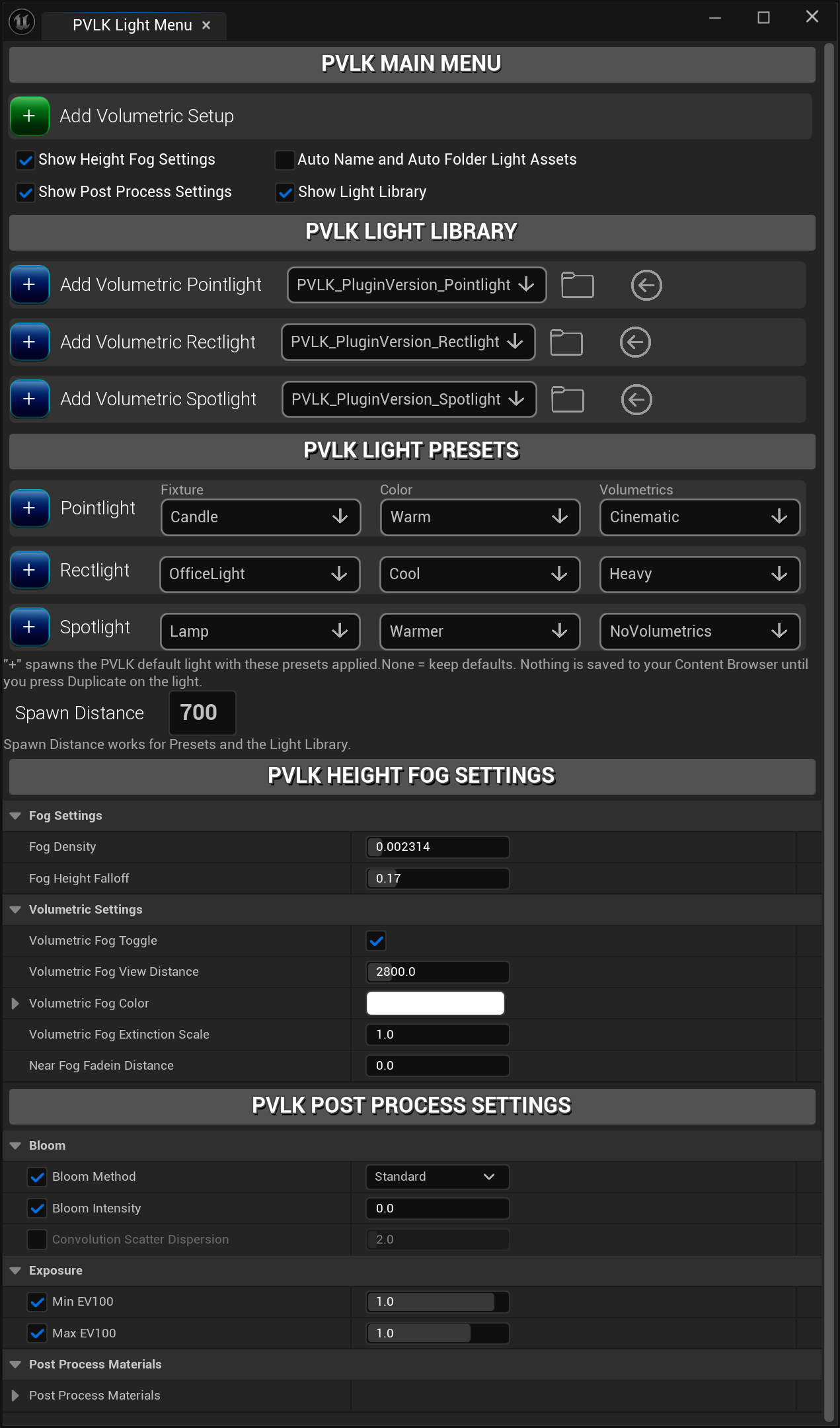 Full PVLK Light Menu