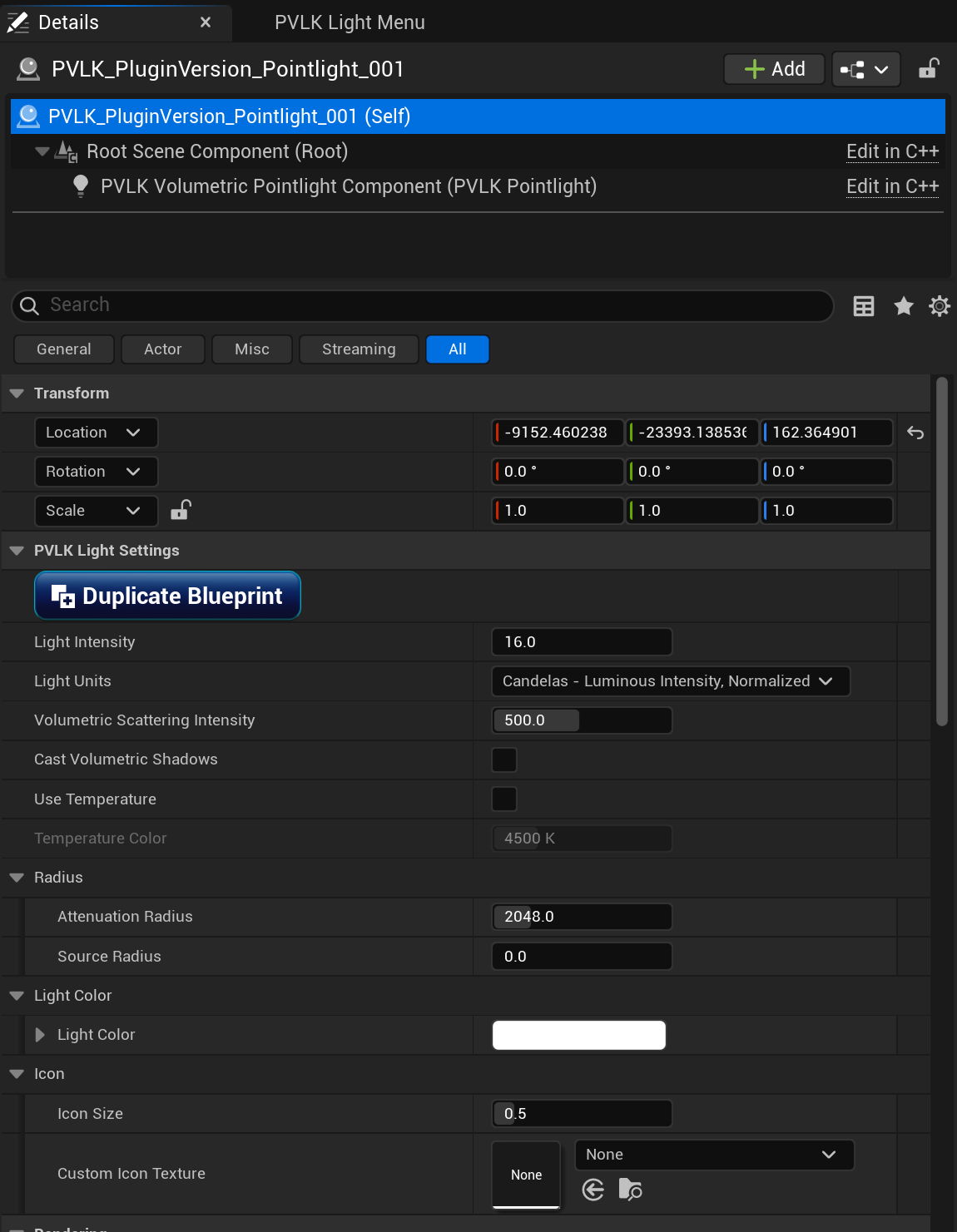 PVLK light settings