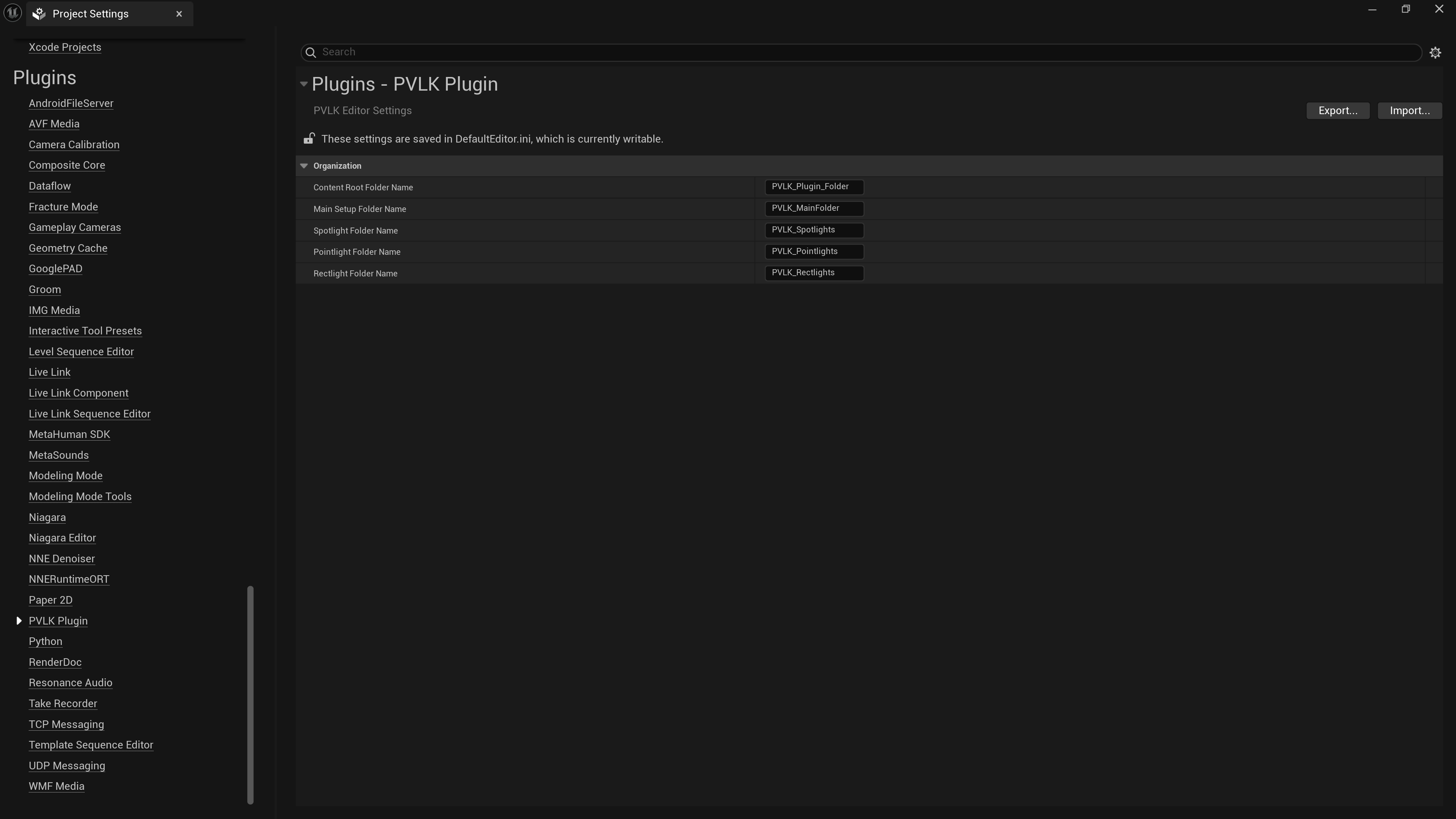 PVLK Plugin section in Project Settings